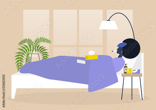 Young female black sick character resting in bed, bedroom interior, quarantine, medical treatment
