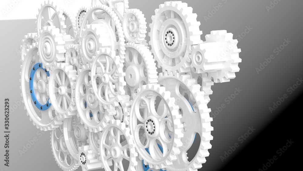 Mechanism white gears and cogs at work on black background. Industrial machinery. 3D illustration. 3D high quality rendering. Mechanism white gears and cogs at work on black background. Industrial machinery. 3D illustration. 3D high quality rendering.