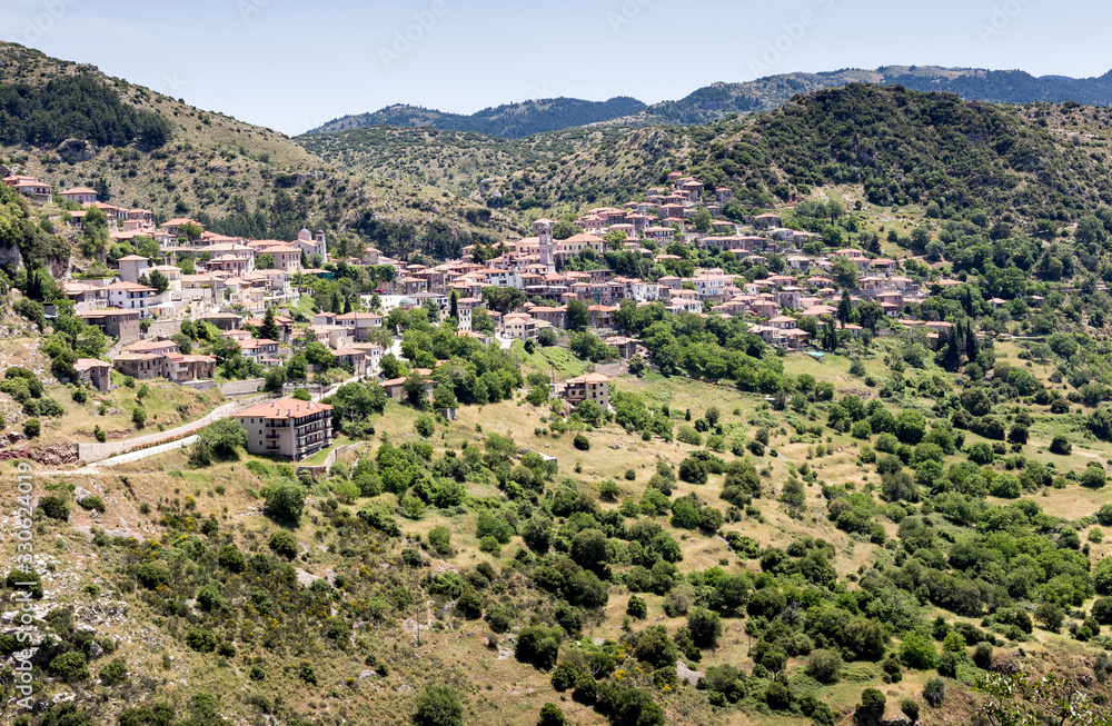 View of the village Dimitsana in the mountains on a sunny day (district Arcadia, Peloponnese, Greece).