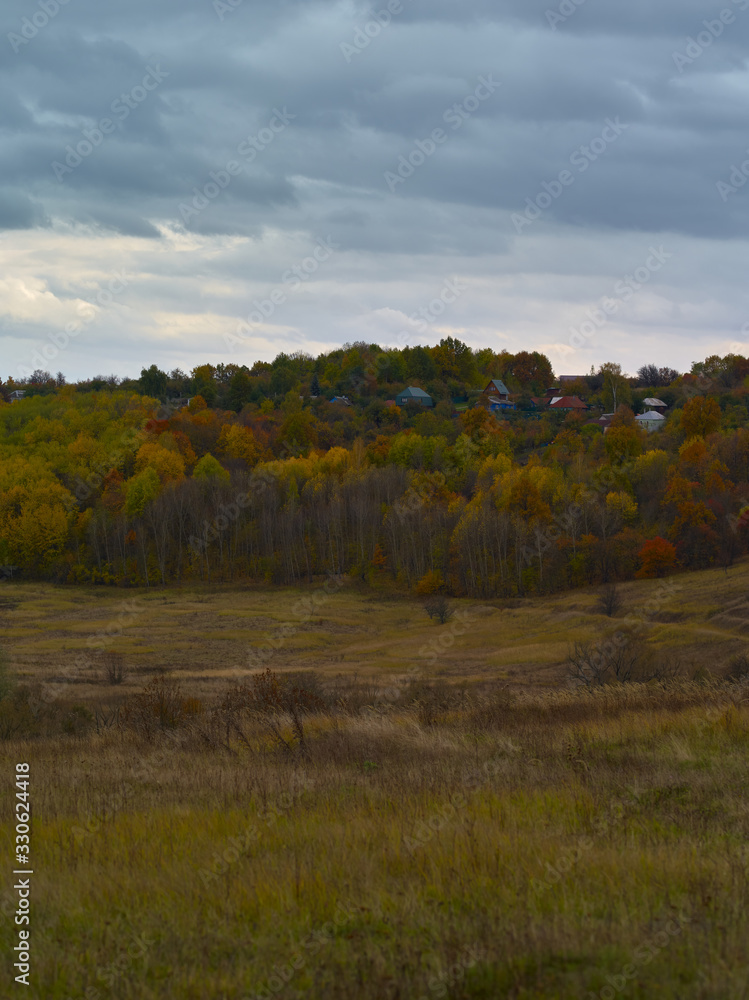 Autumn trees near the village and agriculture field landscape at sunset in Kursk Russia