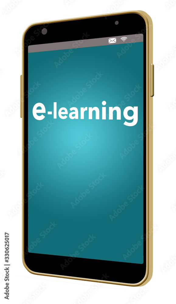 The word e-learning is on a screen of an electronic device in this illustration about students learning at home when they can not go to school. The word e-learning is on a screen of an electronic device in this illustration about students learning at home when they can not go to school.