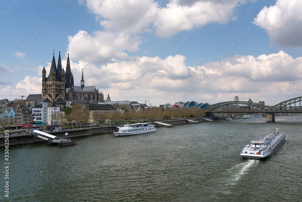 Cologne city skyline in summer along the Rhine river, North Rhine-Westphalia, Germany