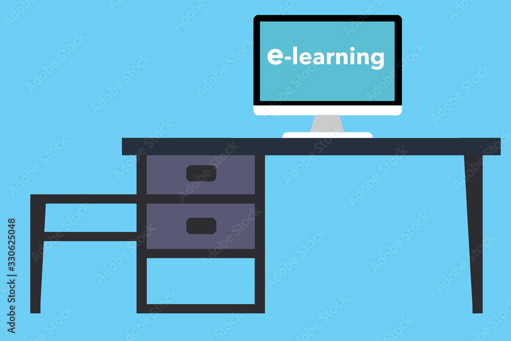 The word e-learning is on a screen of an electronic device on a desktop in this illustration about students learning at home when they can not go to school.. The word e-learning is on a screen of an electronic device on a desktop in this illustration about students learning at home when they can not go to school..