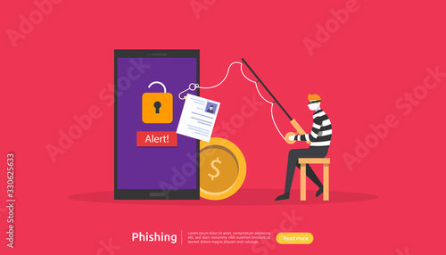 internet security concept with tiny people character. password phishing attack. stealing personal data. web landing page, banner, presentation, social, and print media template. Vector illustration