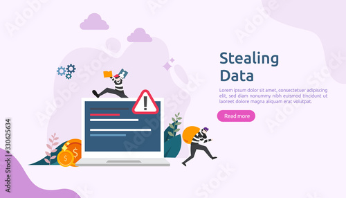 internet security concept with tiny people character. password phishing attack. stealing personal data. web landing page, banner, presentation, social, and print media template. Vector illustration