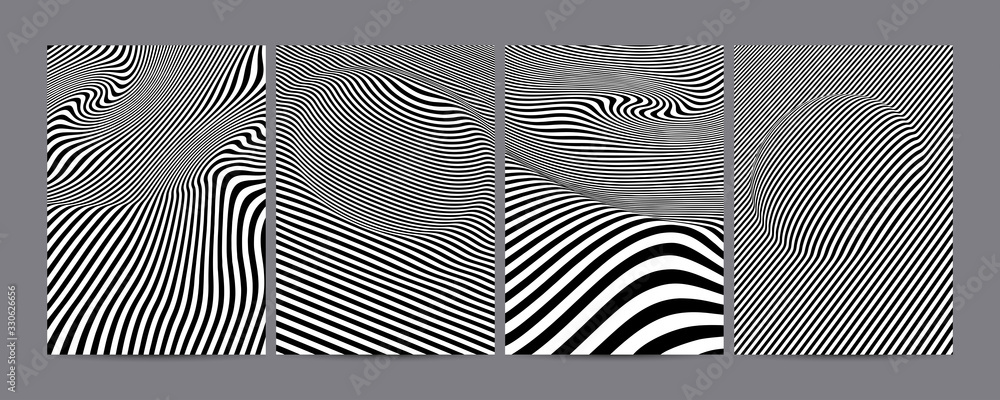Minimal Vector black and white covers design. Cool dynamic lines and shapes. Optical illusion. EPS 10 template.