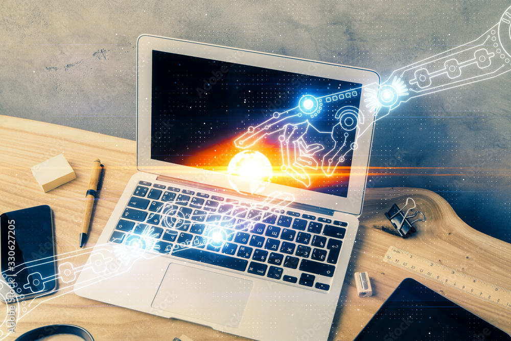 Double exposure of desktop computer and technology theme hologram. Concept of software development. Double exposure of desktop computer and technology theme hologram. Concept of software development.