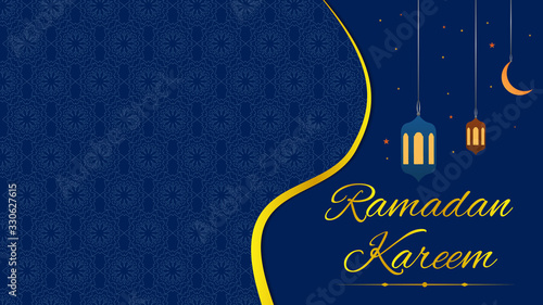 Ramadan kareem eastern pattern lamps moon stars blue yellow illustration background
