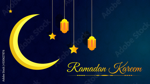 Ramadan kareem eastern pattern lamps moon stars blue yellow illustration background