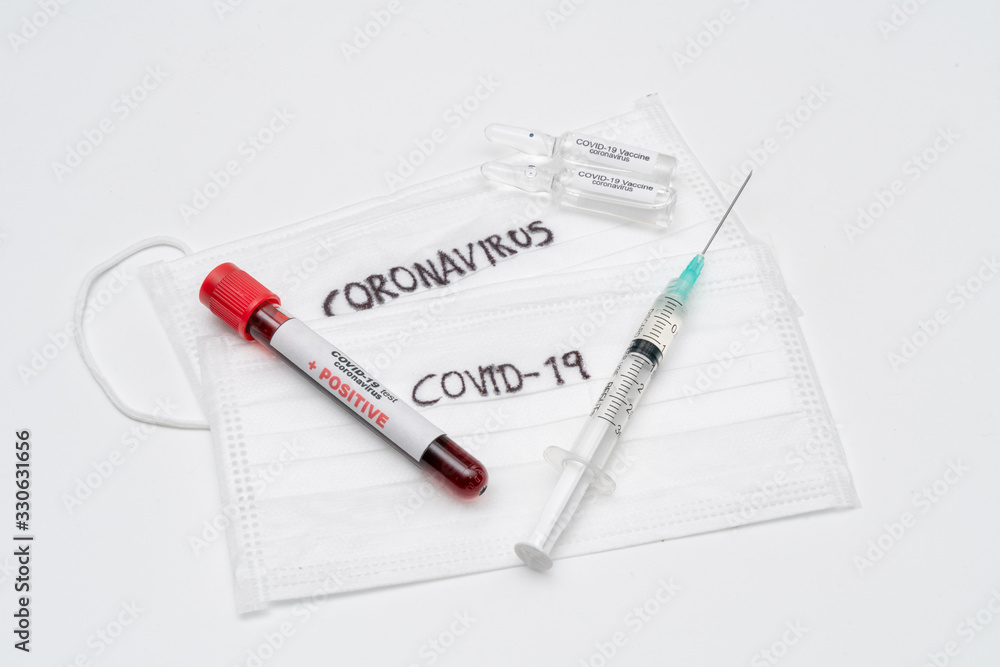 COVID 19 Coronavirus, infected blood sample in the sample tube, Vaccine and syringe injection It use for prevention, immunization and treatment from COVID-19