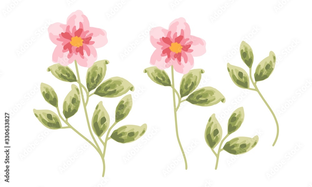Red and pink flowers and green leaves, isolated on white background. Watercolor painting for wedding invitations, greeting card, and design