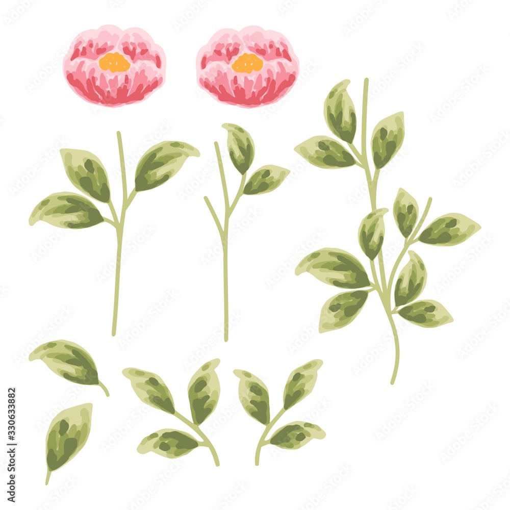 Red and pink peony flowers and green leaves, isolated on white background. Watercolor painting for wedding invitations, greeting card, and design