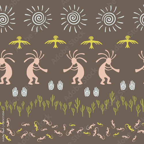 design with trickster god, swirl icons on human palm, sun, eagle.