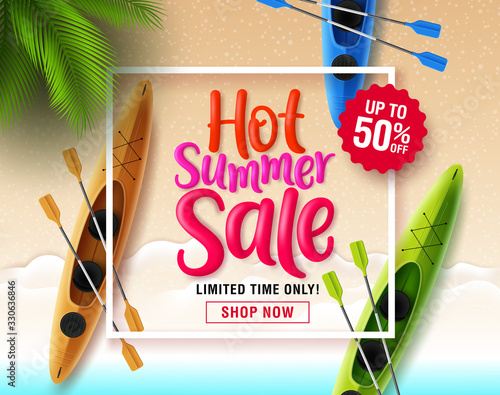 Summer sale vector banner design. Summer sale typography in white frame space for text with beach kayak boat elements and tropical palm tree for seasonal promotion. Vector illustration.