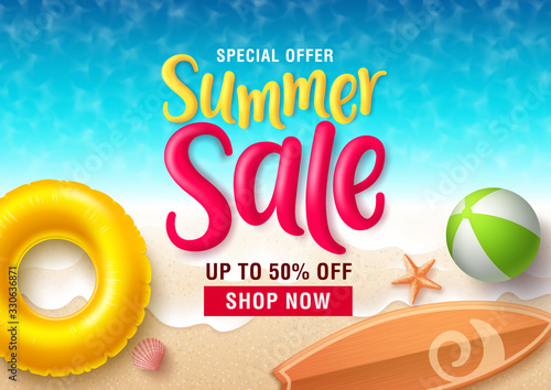 Summer sale vector banner design. Summer sale discount text in seaside top view background with beach elements like floater, beach ball and surfboard for seasonal promotion. Vector illustration.