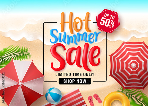 Summer sale vector banner background. Summer sale discount text in empty space with beach elements like umbrella, beach ball and floaters in seaside top view background for summer seasonal promotion. 