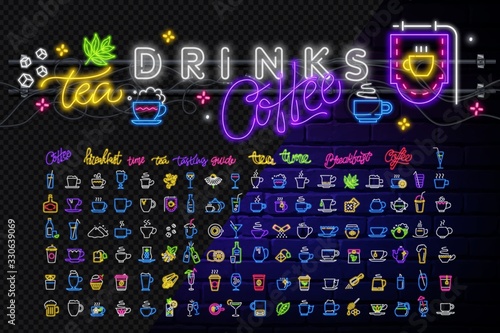 Big set of neon icons for bar and restaurant. Mugs glasses glasses for coffee, tea, wine in neon style. Color neon line Coffee cup icon isolated on black background. Tea cup. Hot drink coffee.