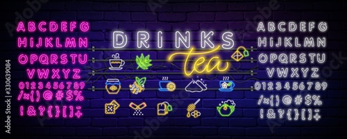 Big set of neon icons for bar and restaurant. Mugs glasses glasses for coffee, tea, wine in neon style. Color neon line Coffee cup icon isolated on black background. Tea cup. Hot drink coffee.