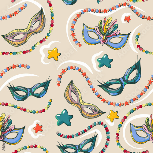 Cartoon color carnival seamless pattern with mask and beads. Vector illustration