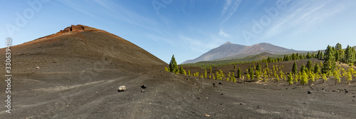 Super wide panoramic view of Volcano Arenas Negras and lava fields around. Bright blue sky and white clouds. Teide National Park with Teide volcano in the background. Tenerife, Canary Islands, Spain