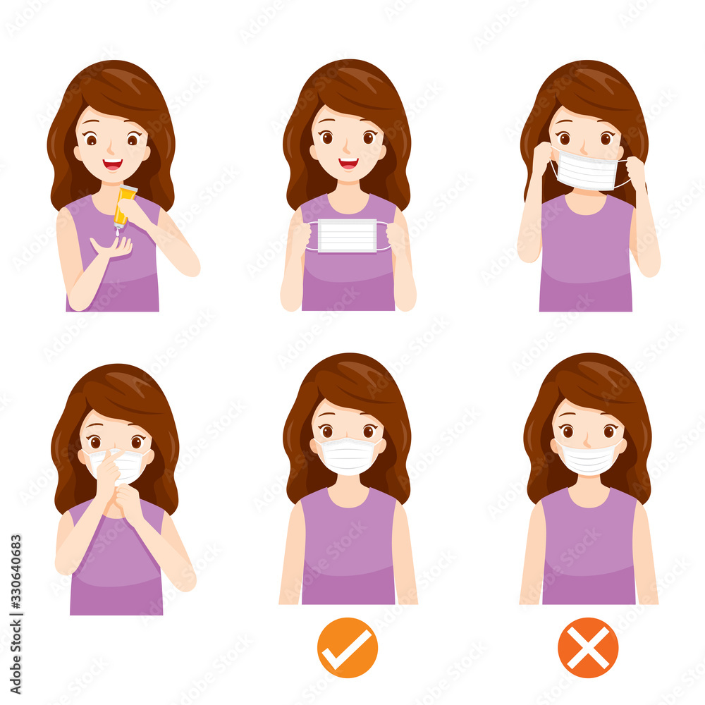 Woman With Steps Of Wearing Face Mask For Prevent Coronavirus, Covid-19 Virus, Smoke, Dust And Air Pollution Woman With Steps Of Wearing Face Mask For Prevent Coronavirus, Covid-19 Virus, Smoke, Dust And Air Pollution