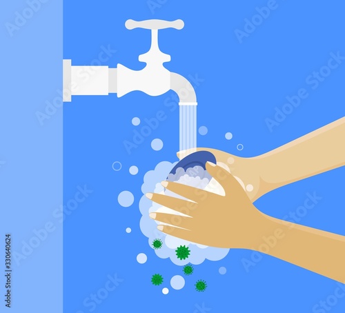 Washing hands under the faucet with soap, hygiene concept. Cleaning hands from germs, bacteria. vector illustration