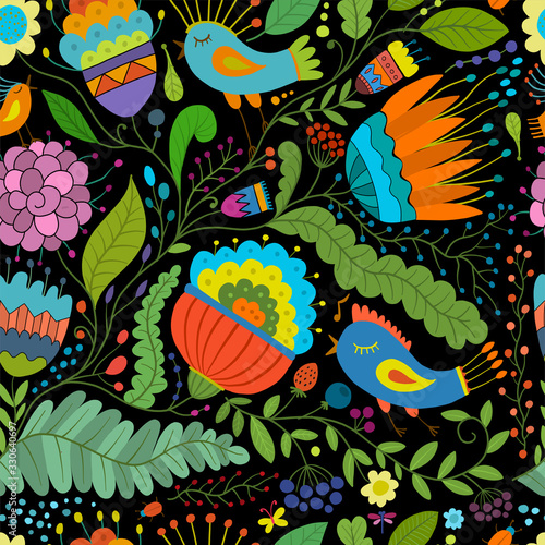 Magic forest with birds, seamless background for your design