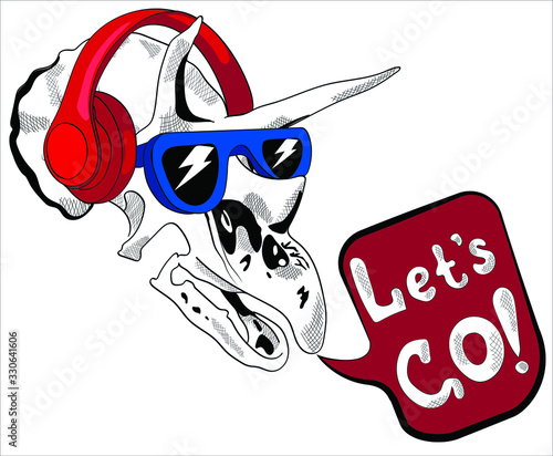 Dinosaur  skeleton triceratops with sunglasses and headphones vector illustration. Let's Go! - lettering quote. For Postcard, poster, composition for t-shirts, print in the style of hand-drawn