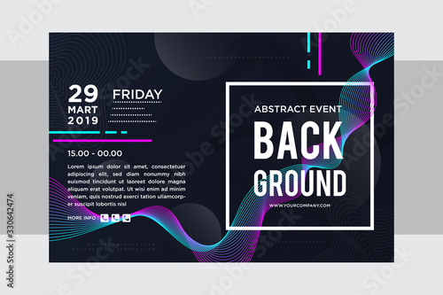 Event Poster Template. blue dark flyer. Club music design template on dark blue colorful background. Illuminated Stage. line wave colorful dynamic flow. black background