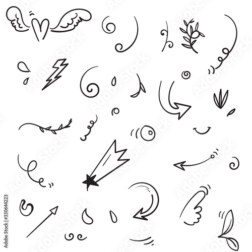 hand drawn Abstract arrows, ribbons and other elements in hand drawn style for concept design. Doodle illustration. Vector template for decoration