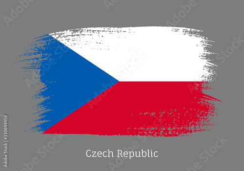 Czech republic official flag in shape of paintbrush stroke. Czech national identity symbol. Grunge brush blot object isolated on grey background vector illustration. Czech country patriotic stamp.