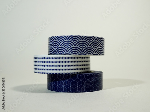 Three washi tapes: White blue polkadot, white blue waves pattern and white blue geometric pattern