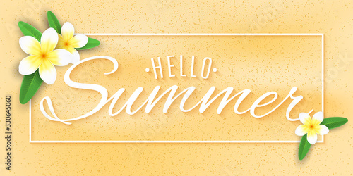 Summer banner. Tropical plumeria flowers on the beach. Stylish lettering for your design. Vector illustration
