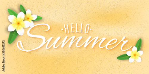 Summer cover. Plumeria flowers on the beach. Stylish lettering for your design. Vector illustration