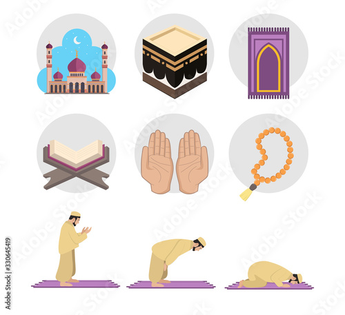 islam flat icon set with carpet for namaz, Kaaba, open holy Quran book. Koran book, mosque design element for illustration. flat icon