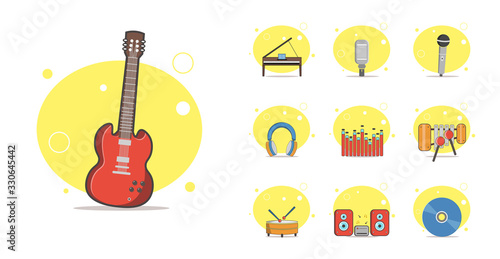 musical flat icons with electric guitar, microphone, dulcimer, piano, speakers