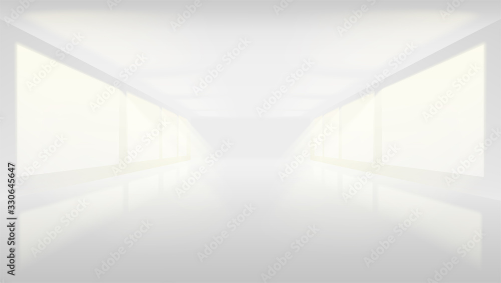 White empty Studio lit on both sides by large Windows. Soft gradient from the rays of the searchlight. Blank hall for background and display brand or product. White edition. Vector 3d illustration White empty Studio lit on both sides by large Windows. Soft gradient from the rays of the searchlight. Blank hall for background and display brand or product. White edition. Vector 3d illustration