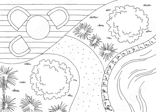 Garden landscape architect design backyard graphic black white sketch aerial view illustration vector