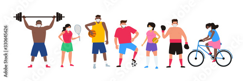 various sport players men and women in protective masks coronavirus covid 19 cancelled championship concept vector illustration
