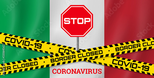 covid 19 coronavirus  border closed tape on italian flag background vector illustration