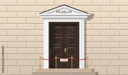 classical museum facade entrance door closed sign golden barrier rope vector illustration