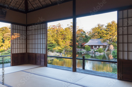 idyllic garden in Katsura  Arashiyama  Kyoto  Japan in autumn season