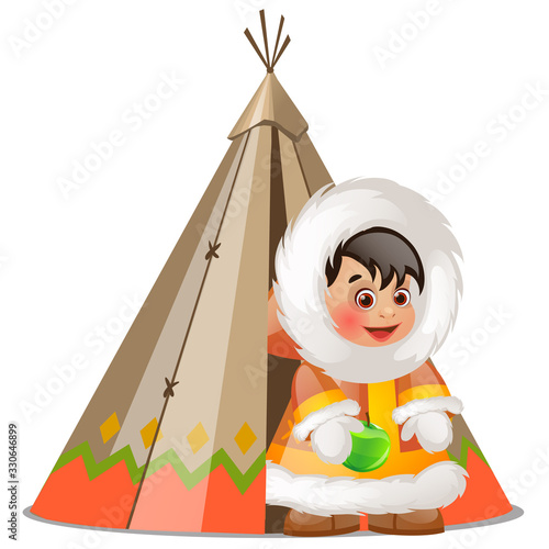 Baby inuit holding a green apple and summer tent made of skins of seal isolated on white background. Vector cartoon close-up illustration.