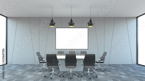 Modern meeting room decoration white wall and carpet floor  empty computer screen. Workplace concept. Mock up. 3D Rendering.