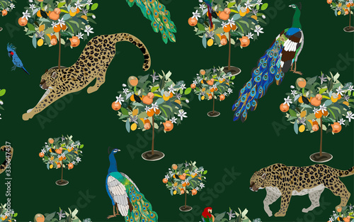 A garden with orange trees in bloom in which tame leopards, peacocks and cockatoo parrots walk on a white background. Seamless pattern with tropical animals and plants.
