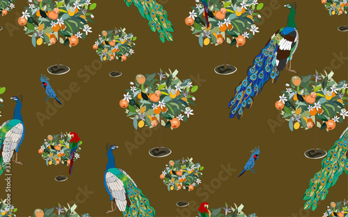 A garden with orange trees in bloom in which tame leopards, peacocks and cockatoo parrots walk on a white background. Seamless pattern with tropical animals and plants.