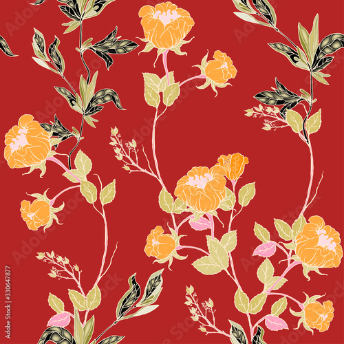 Delicate pink twigs of wild roses with inflorescences, leaves and petals on a dark blue background. Floral seamless pattern.