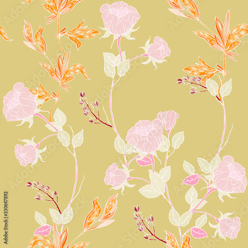 Wallpaper Mural Delicate pink twigs of wild roses with inflorescences, leaves and petals on a dark blue background. Floral seamless pattern. Torontodigital.ca