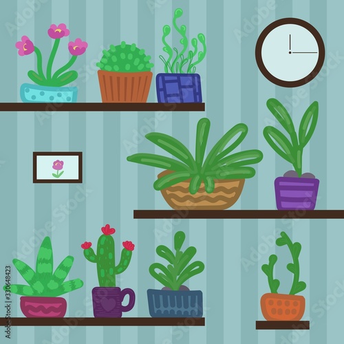 vector illustration, indoor plants in pots on shelves in the room, primitive simple drawings