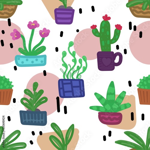 vector seamless pattern, indoor plants in pots on an abstract background, primitive simple drawings